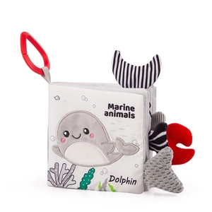 Marine animals cloth book with 3D sensory tails and C-ring for baby visual stimulation