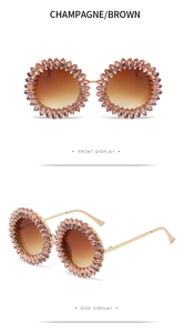Detailed front and side views of luxury champagne round sunglasses with rhinestone crystals