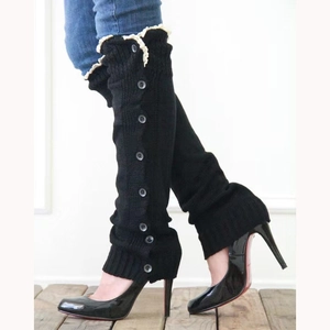 Women black knit leg warmers with side buttons and elegant beige lace trim edges