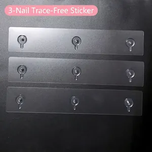 Transparent three-hook adhesive strip with powerful non-marking PVC base and metal hooks