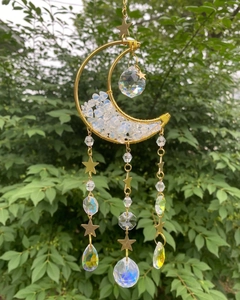 Detailed sun catcher with golden wire moon, white natural stones and crystal droplets
