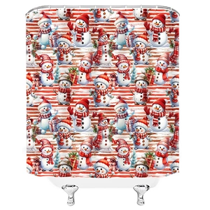 Christmas snowman pattern waterproof polyester shower curtain with festive stripe background