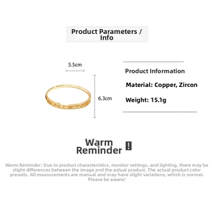 Detail view of 18k gold plated bangle with zircon flower motifs and sizing dimensions