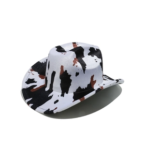 Classic western cow print fedora hat with wide brim and cattle pattern for outdoor sun protection