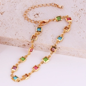 Detailed shot of 18K gold plated chain necklace with colorful square zircon stones