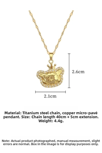 Detail view of crown bear pendant necklace with dimensions and titanium steel chain