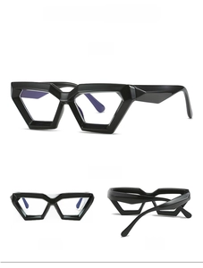 Three-view display of black chunky geometric glasses frames with hexagonal cutting design