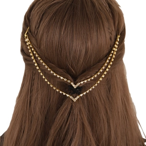 Elegant Alloy Rhinestone Bridal Hair Chain Double Layer V Shape Tassel Hair Clips For Wedding Party Women Accessories