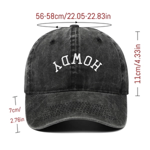 Detailed size specifications for washed cotton baseball cap with Howdy embroidery