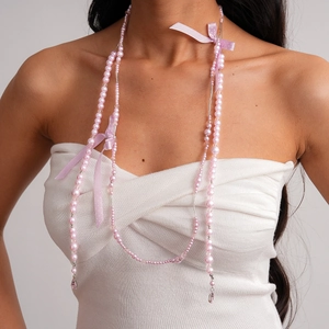 Collier Long En Künstliche Perles De Verre Avec Noeuds En Ruban De Satin Et Glands En Cristal Goutte D'eau Bijoux Femmes