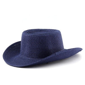 Classic dark blue straw sun hat with flat top and wide upturned brim for outdoor fashion