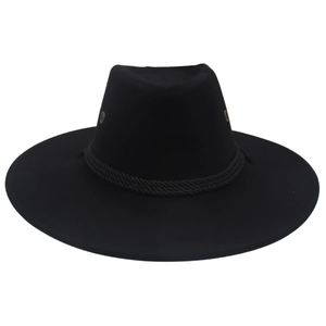 Classic black felt western cowboy hat with wide brim and braided cord decoration
