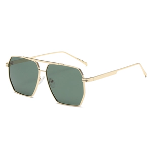 Fashionable hexagonal double bridge sunglasses with gold metal frame and dark green lenses