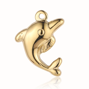 Macro shot of a golden dolphin-shaped stainless steel charm for jewelry making