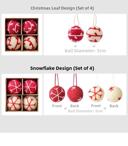 Detail view of 5cm wool felt Christmas ball ornaments with snowflake embroidery