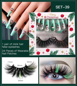 Christmas beauty set featuring green penguin press-on nails and tinted false eyelashes