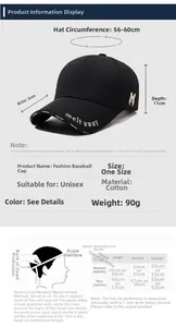 Size guide for black baseball cap showing 8cm brim, 11cm depth, and head circumference table
