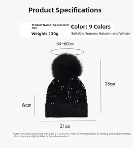 Guide des tailles du bonnet à paillettes indiquant le poids 130g et tour de tête