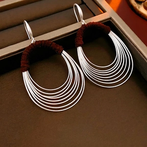 Minimalist silver multi-layered oval hook earrings with dark brown fiber wrap detail