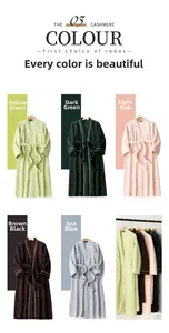 Detail showing five colors of plush long robes with cashmere texture and white piping