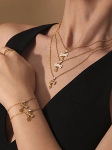 Detailweergave van de gouden ketting en armband met hondenpoot- en botbedeltjes