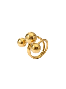 Detail of 18k gold plated ring featuring triple metal spheres and dual parallel bands