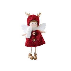 Christmas reindeer angel plush ornament with red knit hat and white wings for tree decoration