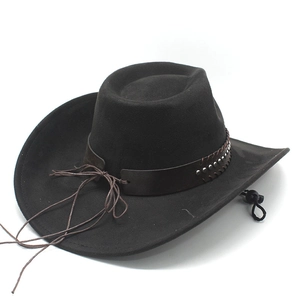Detail of black western cowboy hat with studded leather band and adjustable drawstring