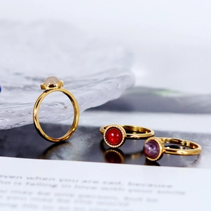 Minimalist 18K gold plated titanium steel rings with colorful natural stone cabochons
