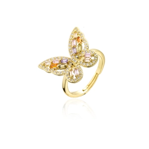 Detailed view of 18K gold butterfly ring featuring vibrant colorful zircon stones