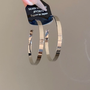 Detail view of glossy 925 silver hoop earrings with price tag on neutral background