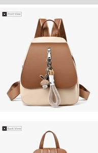 Detailed front and back view of a contrast color beige and brown faux leather backpack