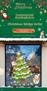 Detail of Christmas window stickers featuring Santa, snowman, and tree on glass surface