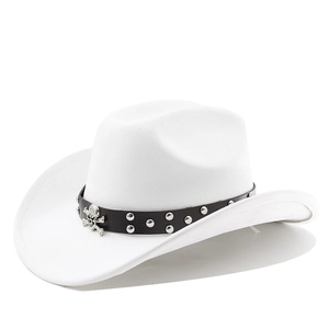 Detail of white suede cowboy hat with studded leather band and skull metallic emblem
