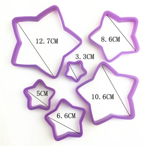 Detailed view of six purple star-shaped cookie cutters with precise metric size markings