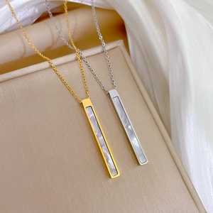 Minimalist Geometric Rectangle Bar Pendant Necklace For Women Mother Of Artificial Pearl Shell Inlay Gold Plated Titanium Steel