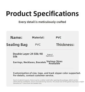 Detailed specifications table for thick PVC jewelry sealing bags and storage options