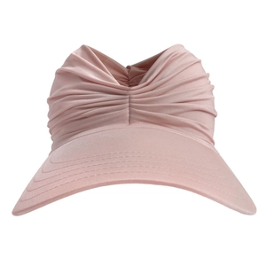 Detailed view of light pink pleated sun visor with reinforced stitching on the wide brim