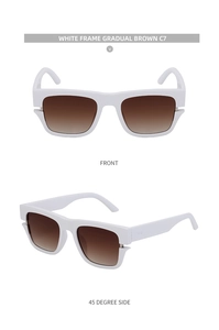 White square frame sunglasses with gradual brown lenses showing front and side views