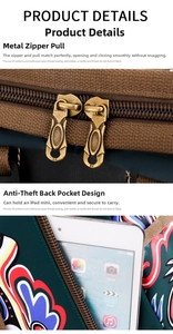 Detail of vintage metal zippers and anti-theft back pocket for iPad on backpack