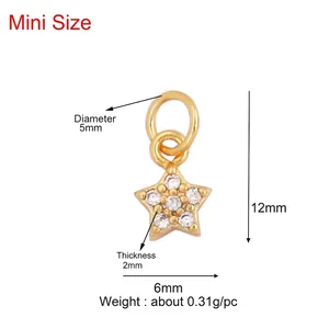 Miniature gold-plated star pendant with six white zircons and dimensions marked