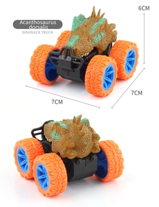 Dual view of a mini Spinosaurus dinosaur off-road truck toy with orange wheels