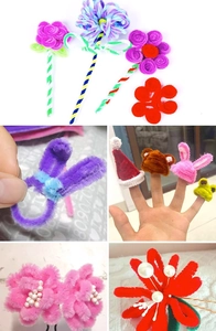 DIY macaron chenille stems for crafts showing flowers and plush finger puppets