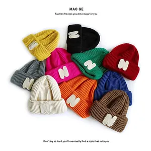 Kids Winter Knit Beanie Hat Fashion Deer Velvet Warm Pullover Hat With N Letter Patch For Children Two To Four Years
