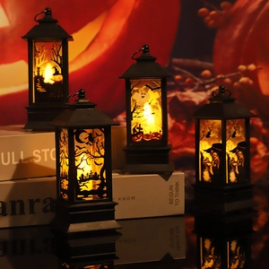 Halloween LED Decorative Wind Lamp Vintage Plastic Candle Light With Silhouette Pattern For Party Home Desktop Ornament