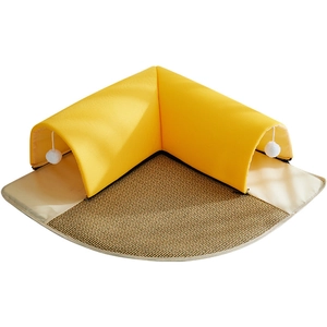 Breathable yellow L-shaped cat tunnel bed with cooling summer mat and plush toy balls