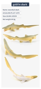 Detailed four-view display of a lifelike goblin shark ocean animal toy model