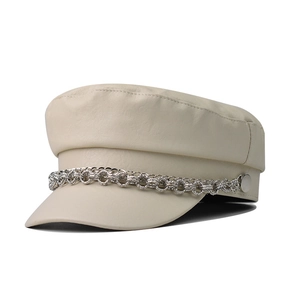 Chic beige PU leather baker boy hat with decorative silver metal chain across the brim