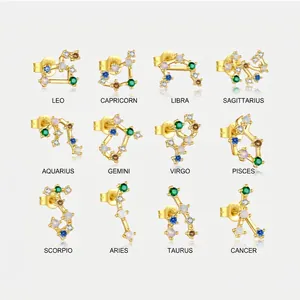 925 Sterling Silver Constellation Stud Earrings Multicolor Zirconia Astrology Zodiac Signs Gold Plated Ear Jewelry For Women