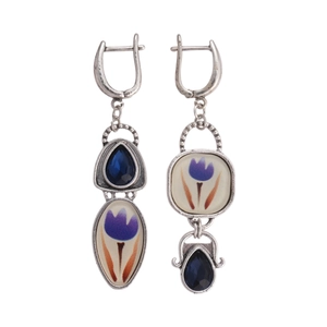 Boucles d'oreilles rétro en argent avec pierres bleues et motifs tulipes en émail